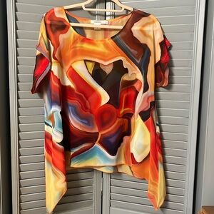 Feratelli Abstract Print Kaftan Style Blouse, Semi Sheer, Relaxed Fit, Size M